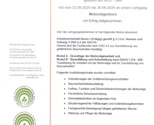 Sini Cvetnic, Teilnahmebescheinigung Motorsägenkurs AS Baum I