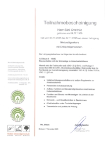 Sini Cvetnic, Teilnahmebescheinigung Motorsägenkurs AS Baum II