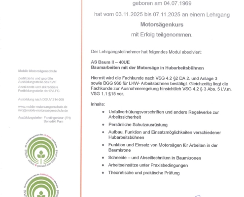 Sini Cvetnic, Teilnahmebescheinigung Motorsägenkurs AS Baum II