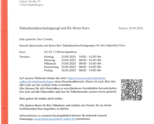 Sini Cvetnic, Teilnahmebescheinigung Motorsägenkurs AS-25-7