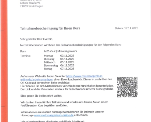 Sini Cvetnic, Teilnahmebescheinigung Motorsägenkurs AS-25-2