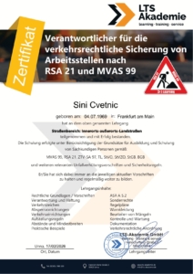 Sini Cvetnic, RSA Zertifikat, MVAS 99, RSA 21, ZTV-SA 97, Tl. StVO, StVZO, StGB, BGB