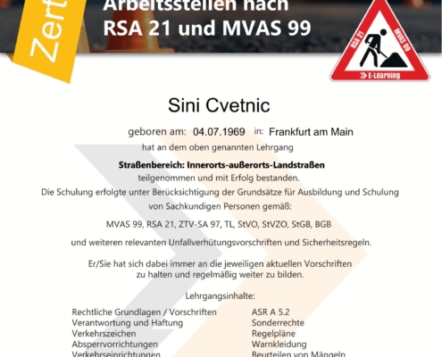 Sini Cvetnic, RSA Zertifikat, MVAS 99, RSA 21, ZTV-SA 97, Tl. StVO, StVZO, StGB, BGB