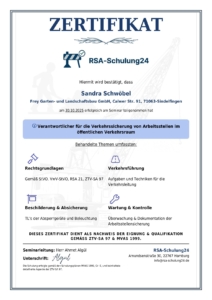 Sandra Schwöbel, RSA Zertifikat, StVO, Vwv-StVZO, RSA 21, ZTV-SA 97 & MVAS 1999